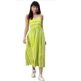 Meeranshi Women Fluorescent Green & White Liva Striped Maxi Dress at Rs.749